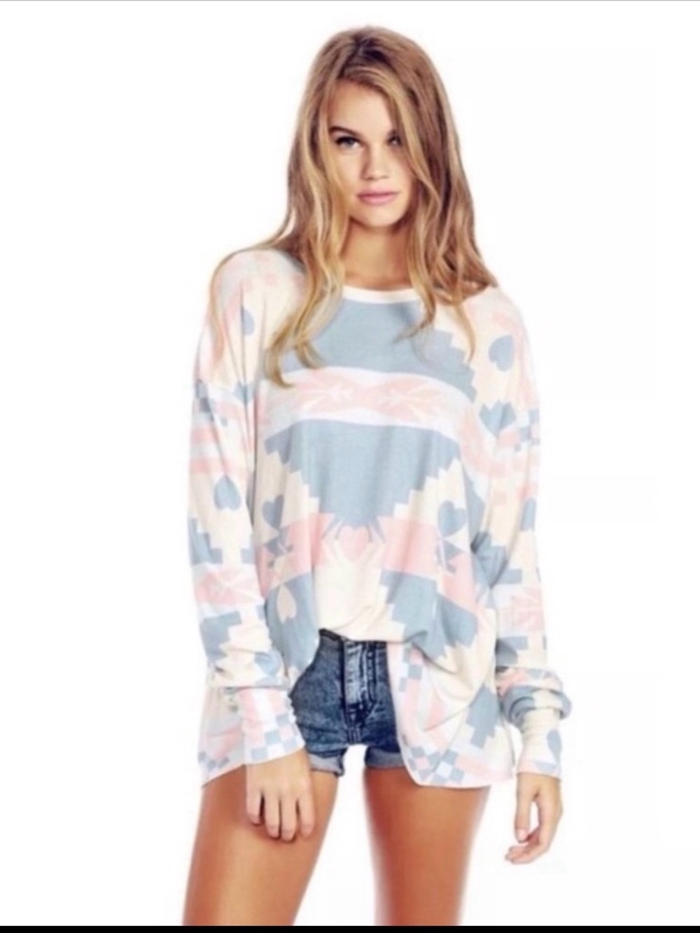 Wildfox Pastel Southwestern Aztec Waffle Knit Thermal Top